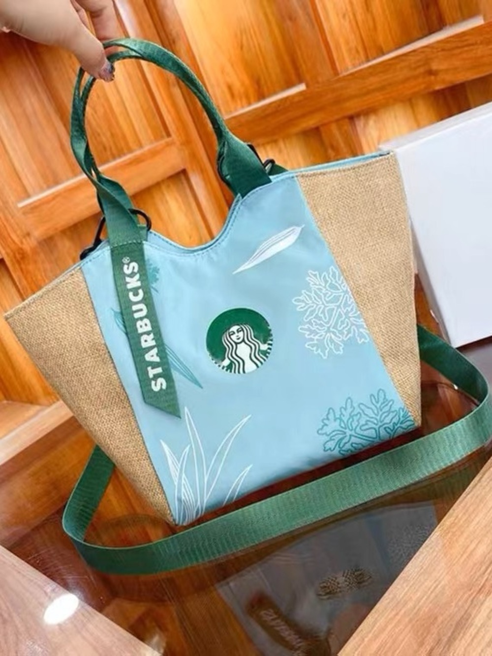 Starbucks Light Blue & Green Canvas Tote with Jute Sides